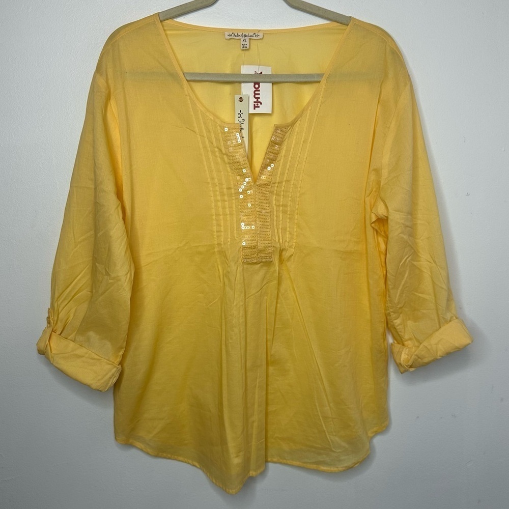 Hester & Orchard Yellow Sequin Long Sleeve Blouse Sz XL NWT